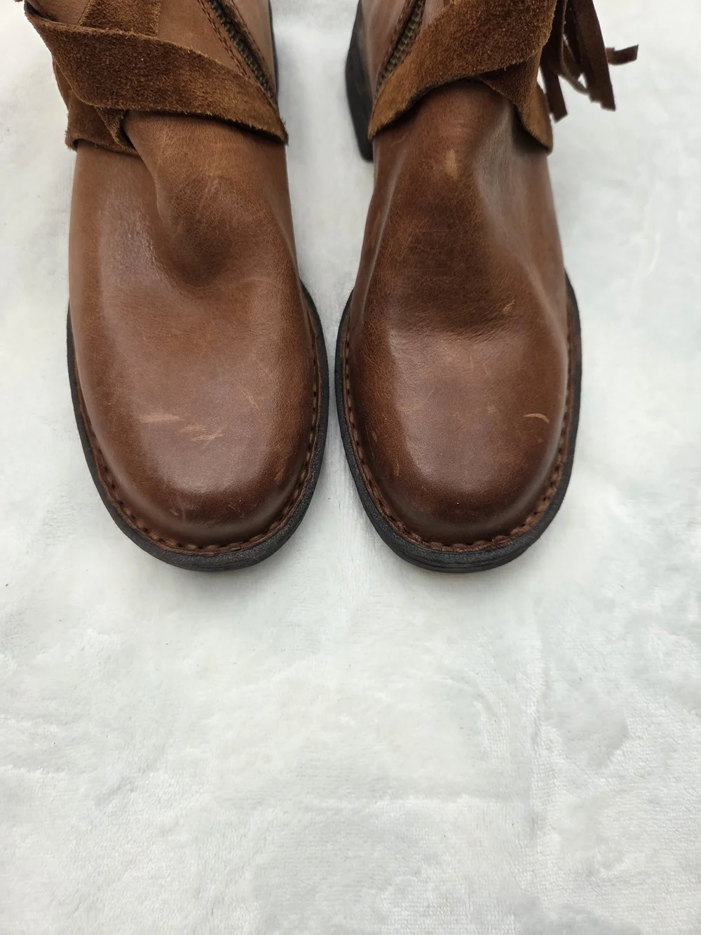 Born Leather Fringe Wrap Ankle Boots Brown‎ Side Zip Booties Women's Size 6.5M